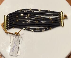 NEW Nakamol Wrap Bracelet Navy Blue Gold Beaded Leather Cord Boho Hippie Western